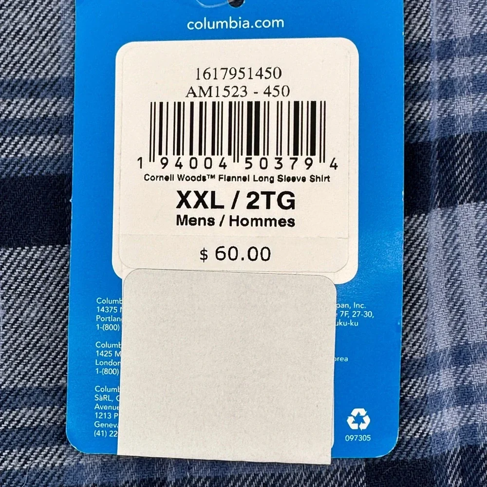 Columbia Mens XXL Shirt Cornell Woods Flannel Long Slv Blue Plaid Button Dwn NEW